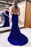 Sparkly Blue Mermaid Sequins Long Backless Prom Dress BM bride