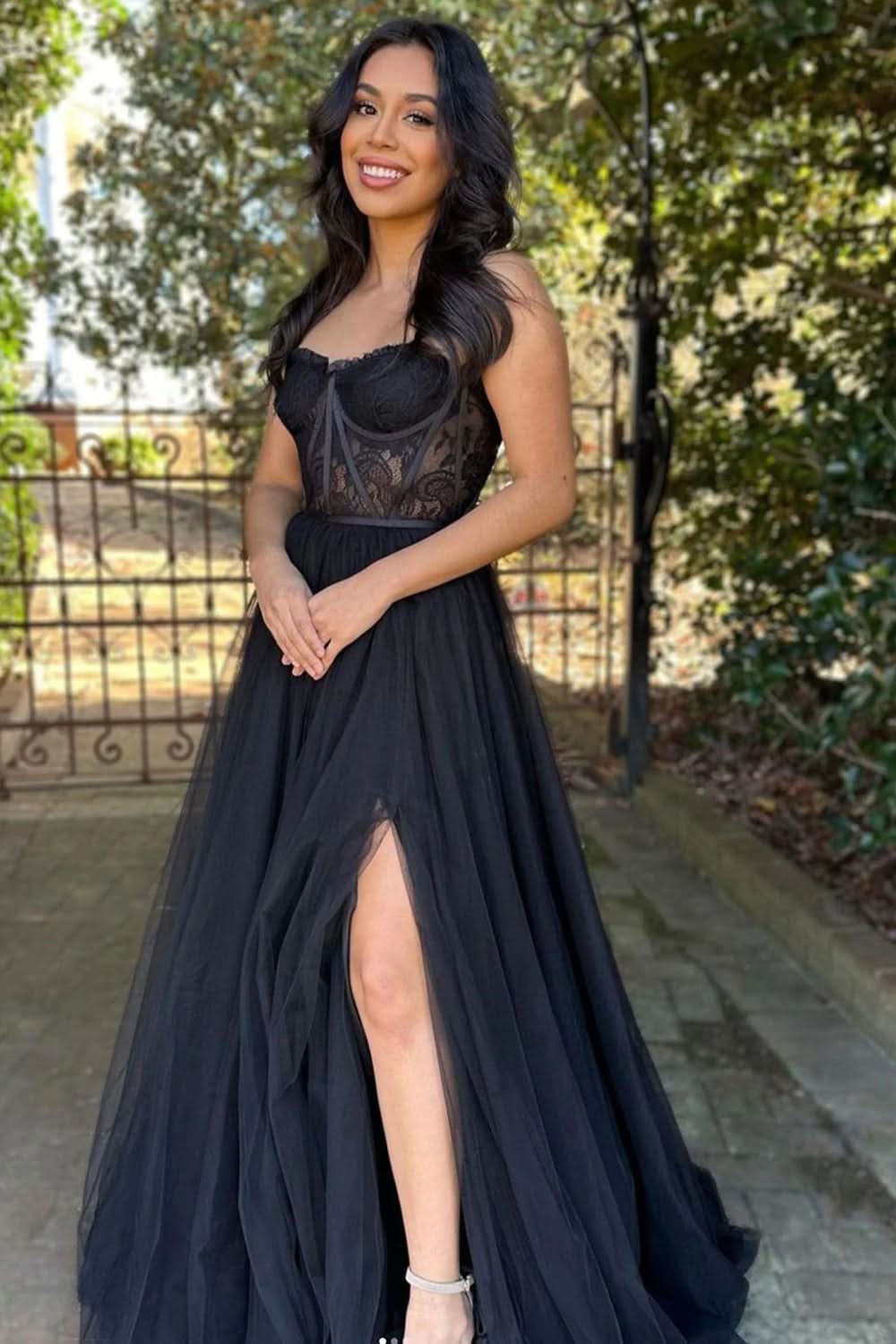 Stunning Black A-Line Sweetheart Corset Tulle Prom Dress with Slit BM bride