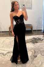 Elegant Sheath Sweetheart Long Satin Prom Dress with Slit BM bride