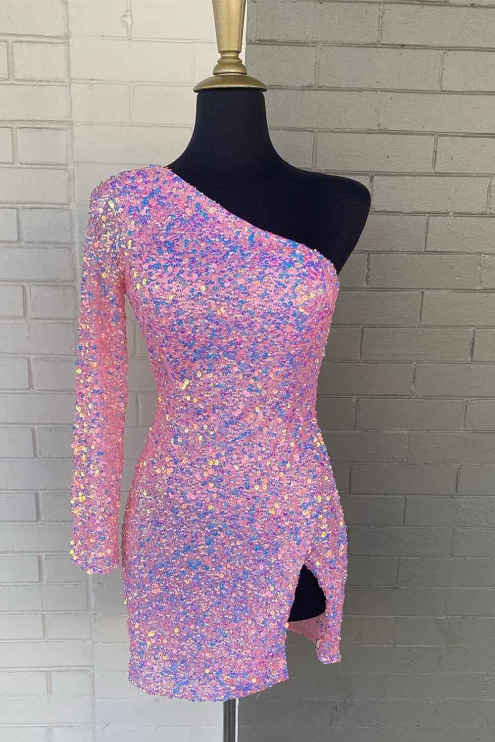 Sparkly Pink Sequined One Shoulder One Sleeve Tight Short Homecoming Dress with Slit Bmbride