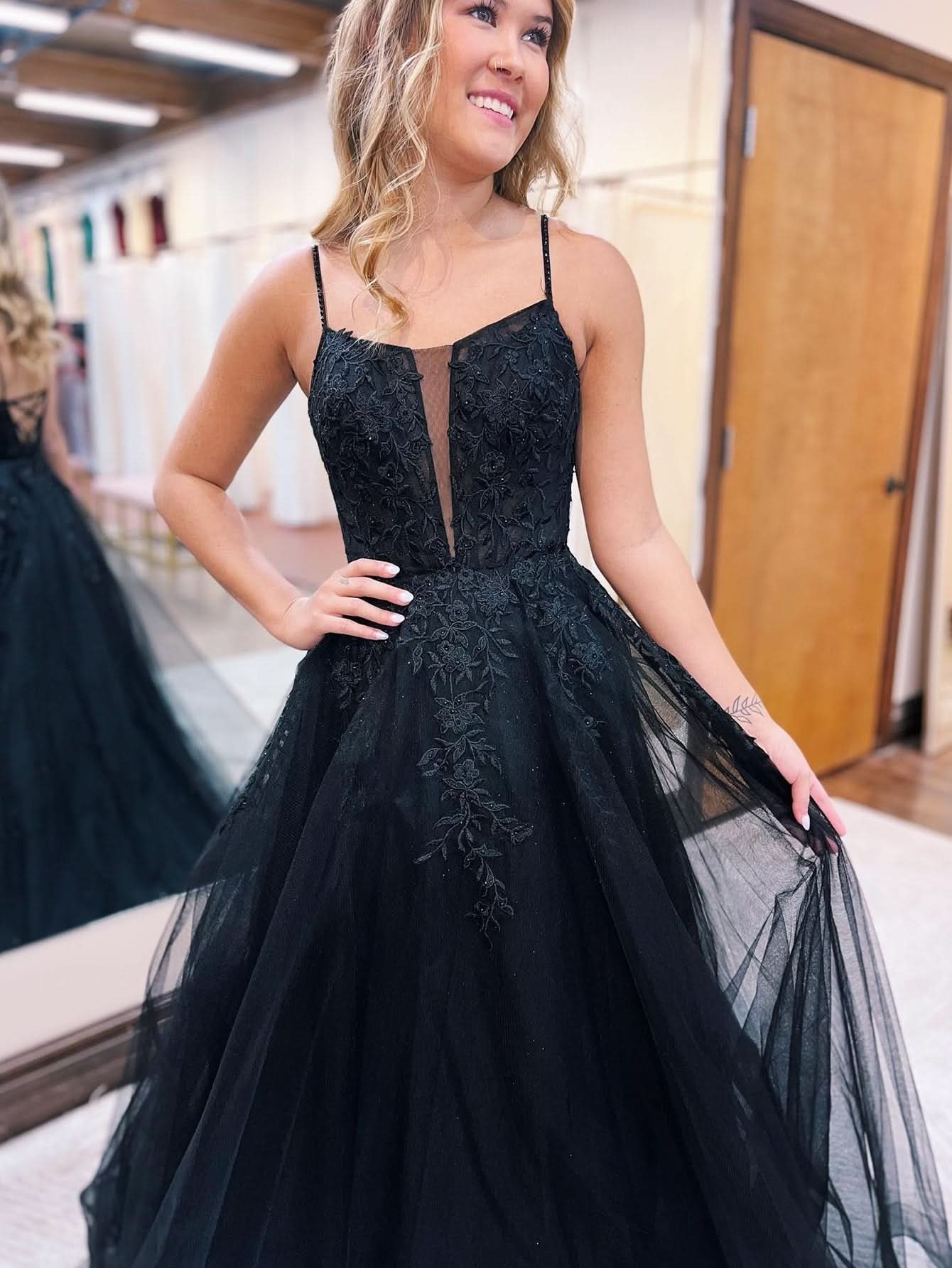 Elegant Black Tulle Spaghetti Straps A-Line Prom Dress with Appliques BM bride