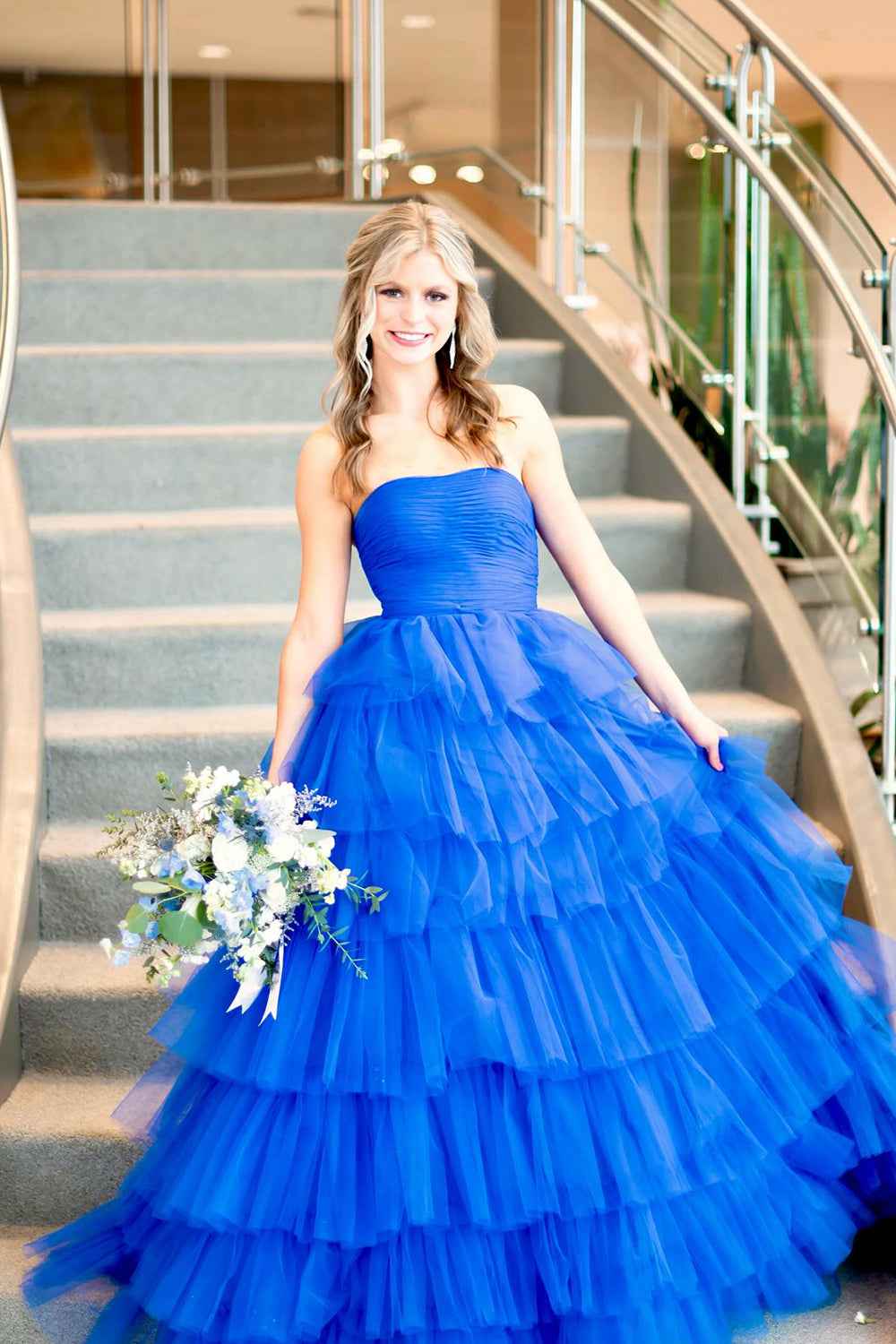Hot Pink A Line Straples Long Prom Dress with Ruffles