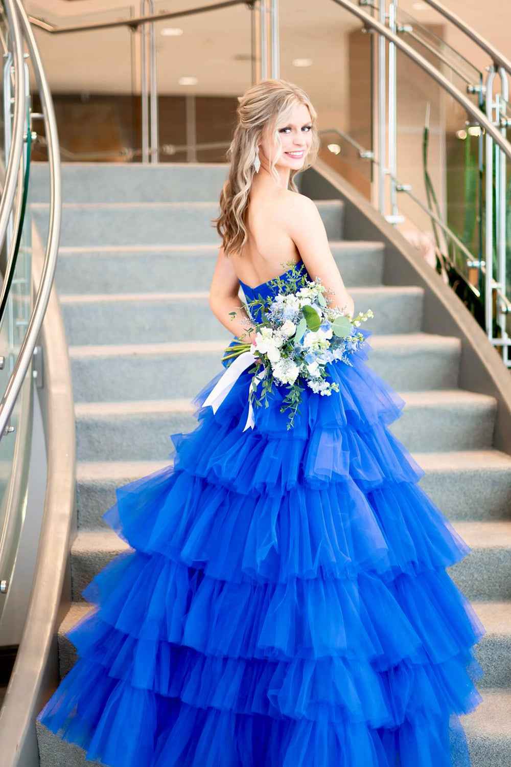 Hot Pink A Line Straples Long Prom Dress with Ruffles