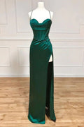 Sophisticated Sheath Spaghetti Straps Corset Satin Prom Dress with Split BM bride