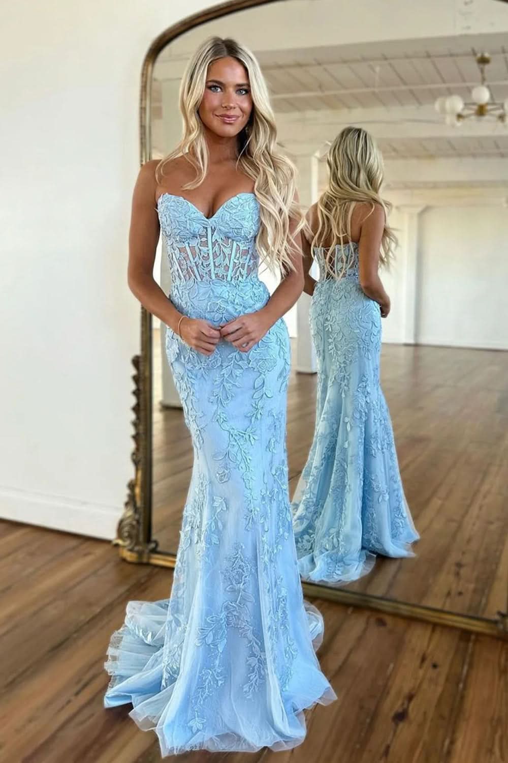 Glamorous Mermaid Strapless Lace Prom Dress with Appliques BM bride