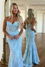 Glamorous Mermaid Strapless Lace Prom Dress with Appliques BM bride