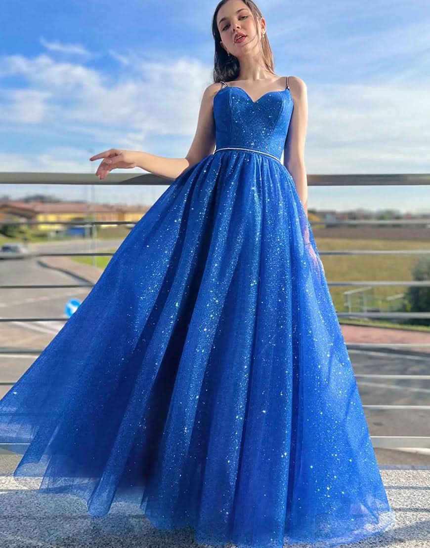 Stylish Royal Blue Sparkly A-Line Spaghetti Straps Long Prom Dress BM bride