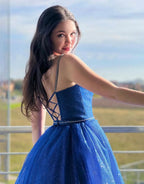 Stylish Royal Blue Sparkly A-Line Spaghetti Straps Long Prom Dress BM bride