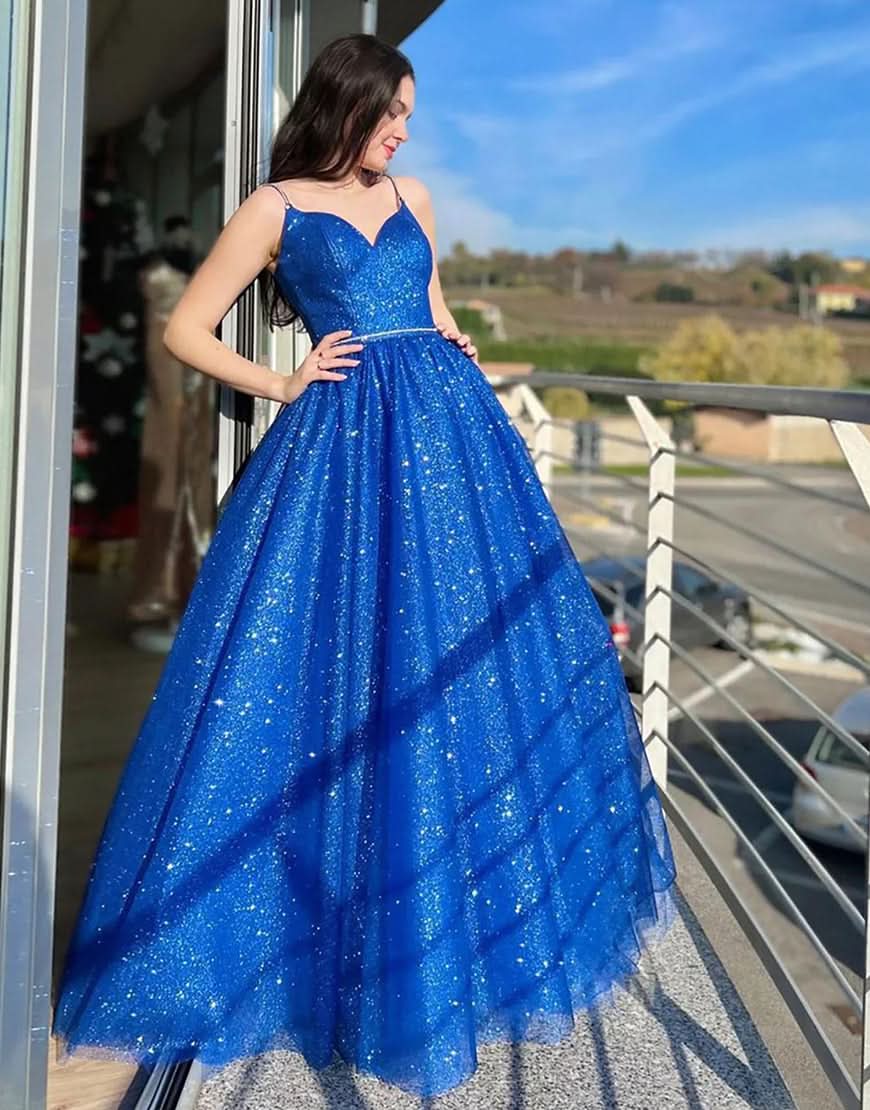 Stylish Royal Blue Sparkly A-Line Spaghetti Straps Long Prom Dress BM bride