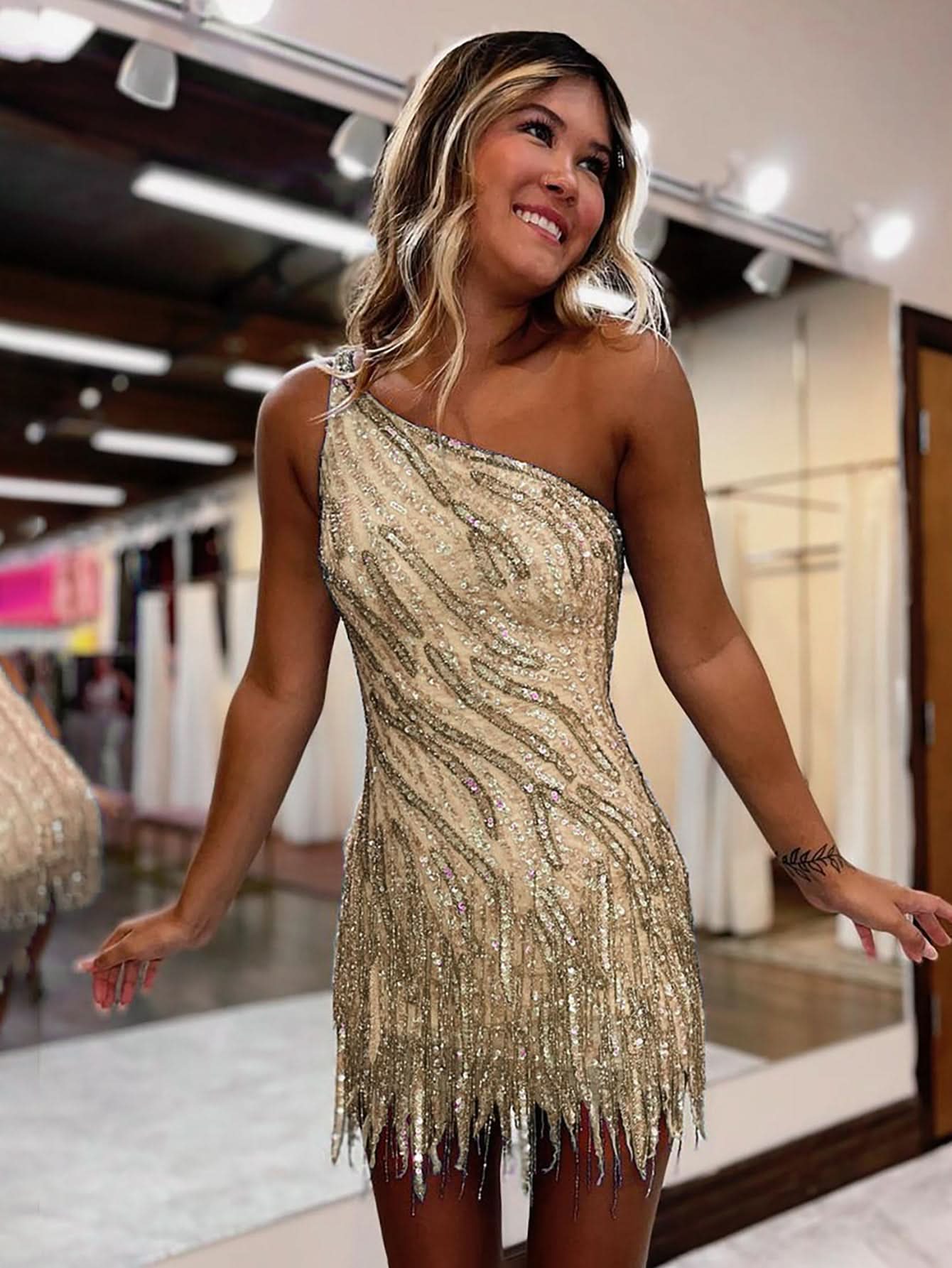 Sparkly Blue One-Shoulder Sequins Tight Short Homecoming Dress with Eye-catching Fringes BM bride