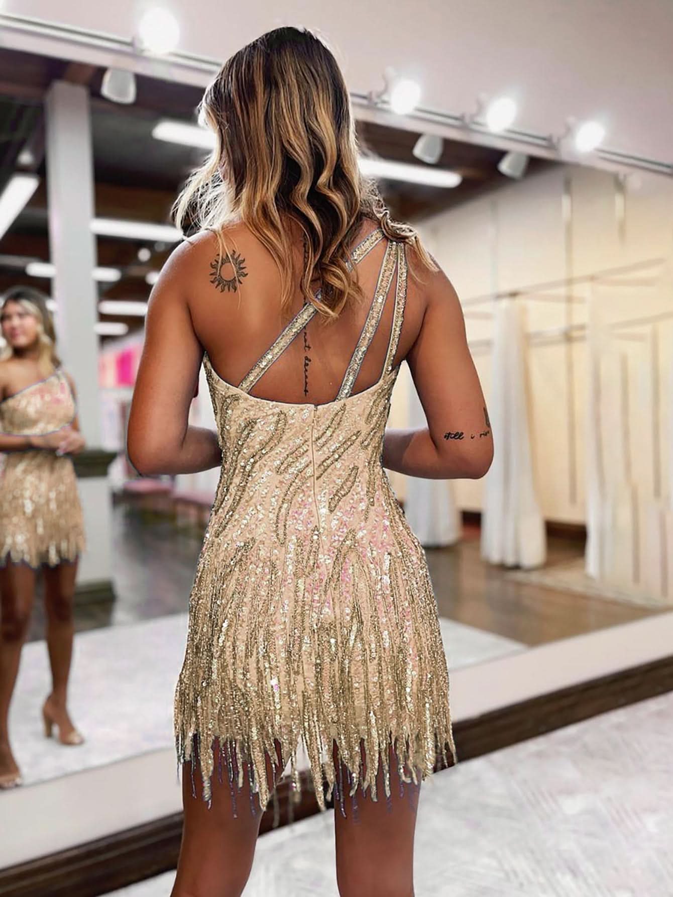 Sparkly Blue One-Shoulder Sequins Tight Short Homecoming Dress with Eye-catching Fringes BM bride