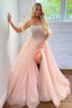 Elegant A-Line Strapless Blush Corset Organza Prom Dress BM bride