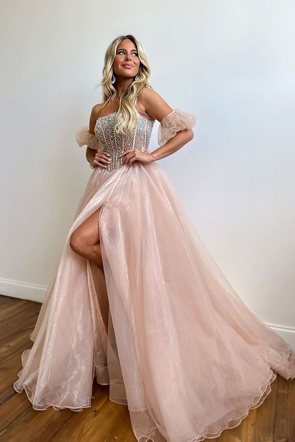 Elegant A-Line Strapless Blush Corset Organza Prom Dress BM bride