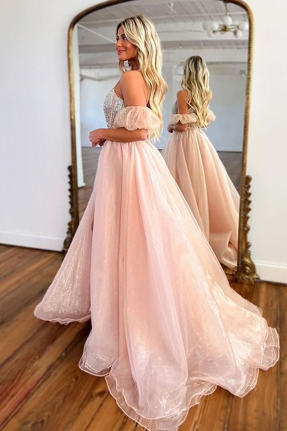 Elegant A-Line Strapless Blush Corset Organza Prom Dress BM bride