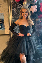 Hot Pink High Low Detachable Sleeves Corset Homecoming Dress with Lace Bmbride