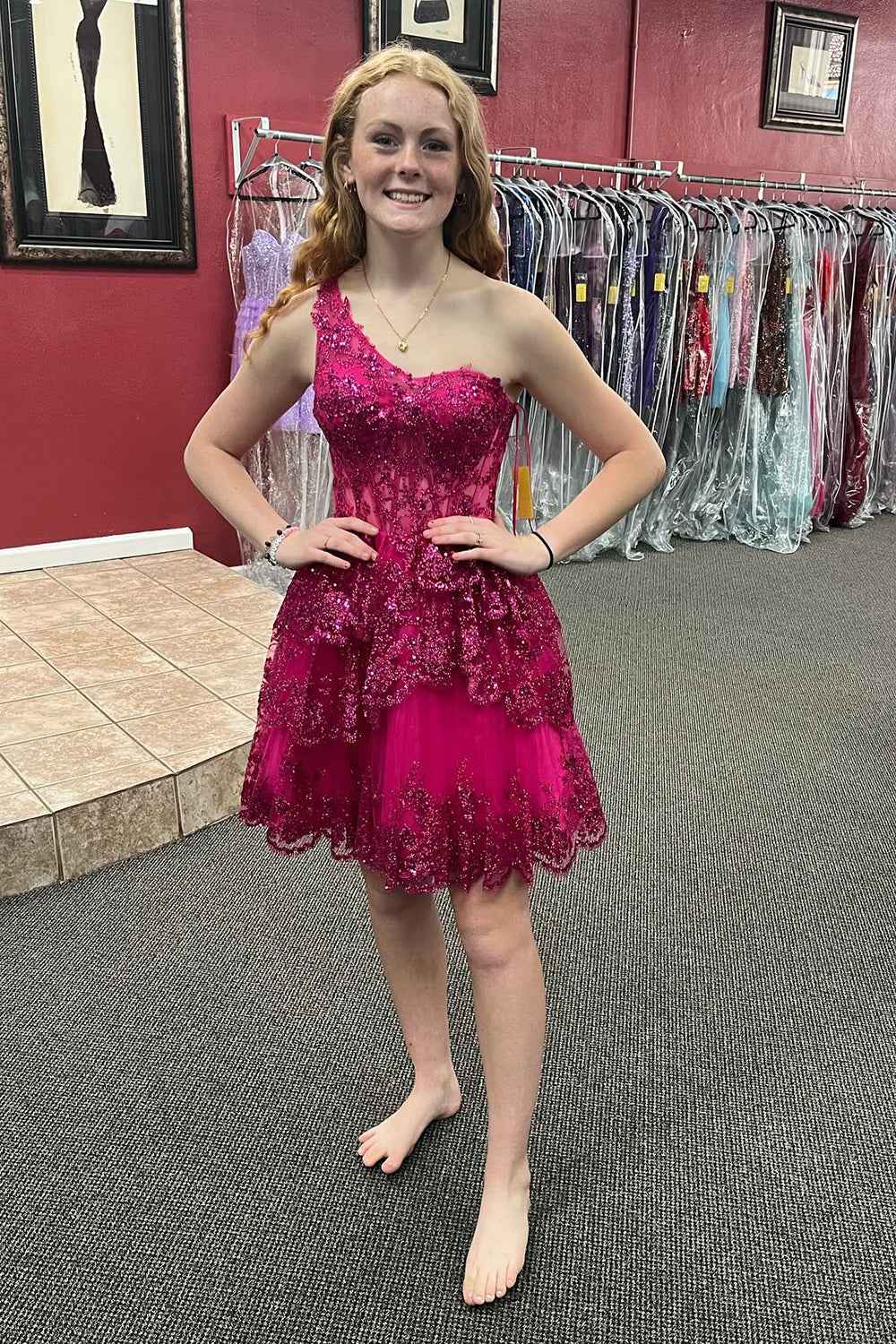 Sparkly Navy Tiered Lace One Shoulder Short Homecoming Dress Bmbride