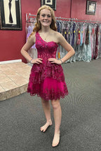 Sparkly Navy Tiered Lace One Shoulder Short Homecoming Dress Bmbride