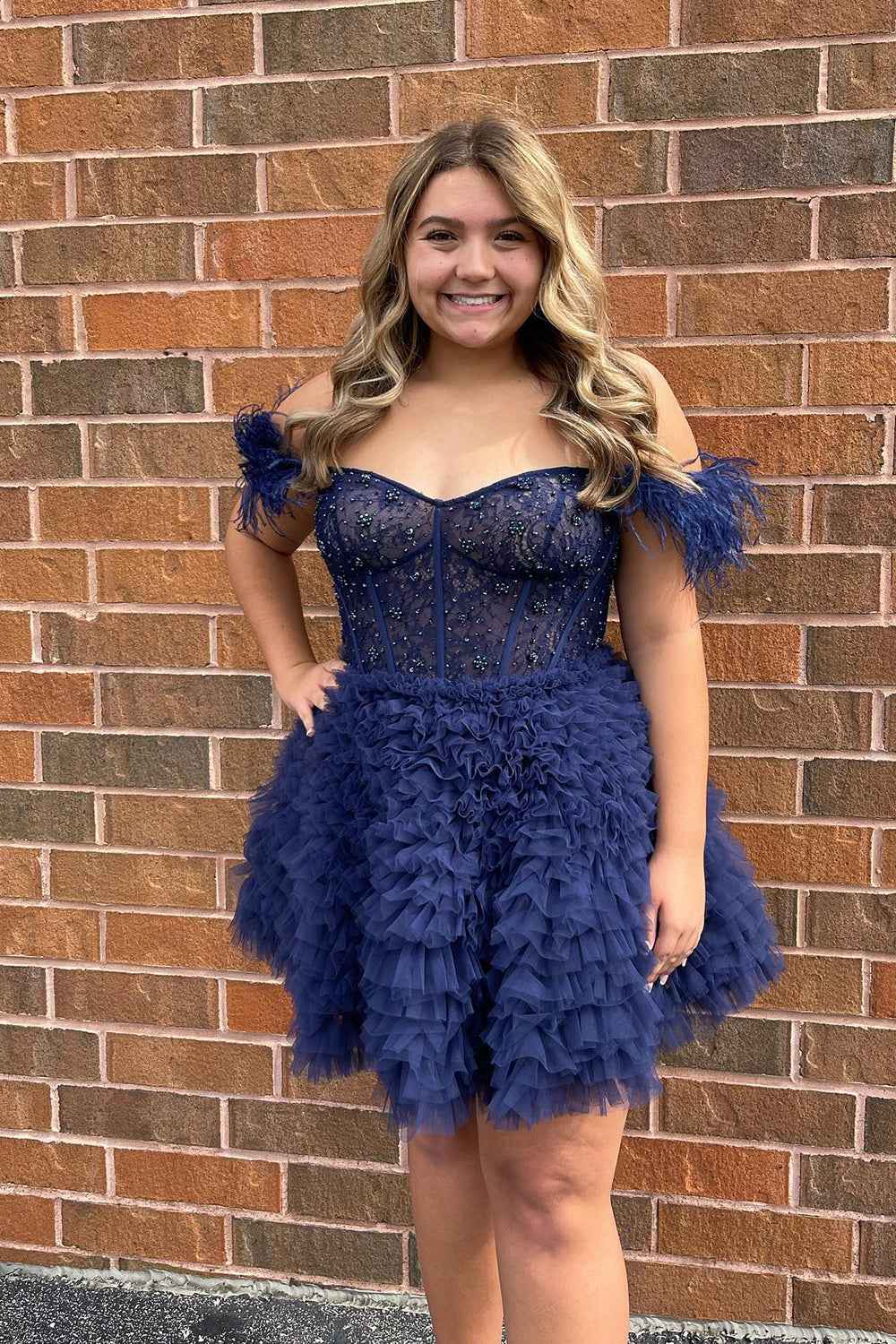Sparkly Purple Corset A-Line Short Homecoming Dress with Feathers Bmbride