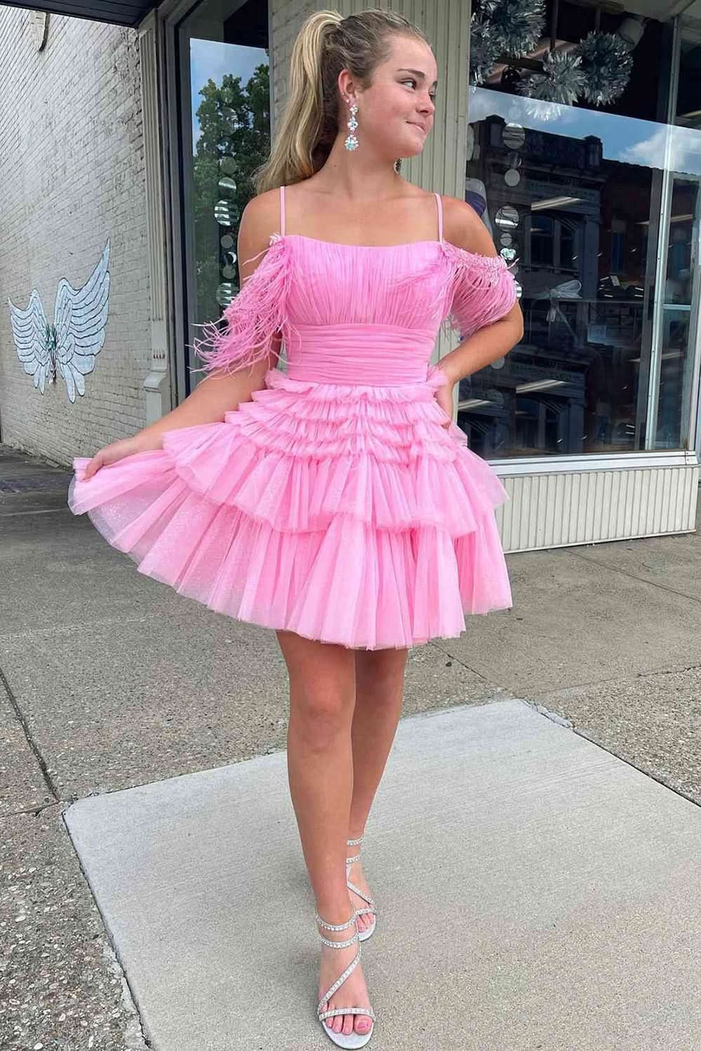 Thea |A Line Pink Glitter Tulle Homecoming Dress with Feather BM bride