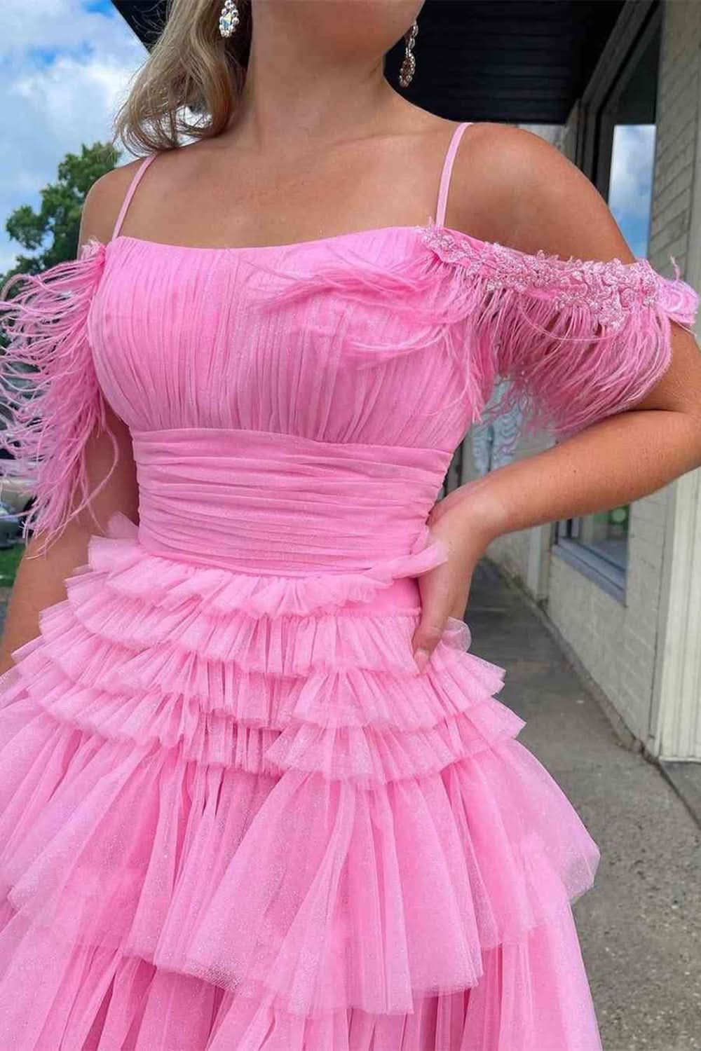 Thea |A Line Pink Glitter Tulle Homecoming Dress with Feather BM bride