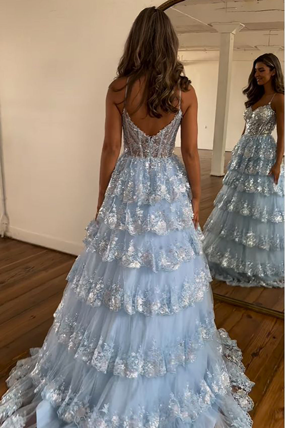 Lovely A-Line Spaghetti Straps Tiered Lace Prom Dress BM bride