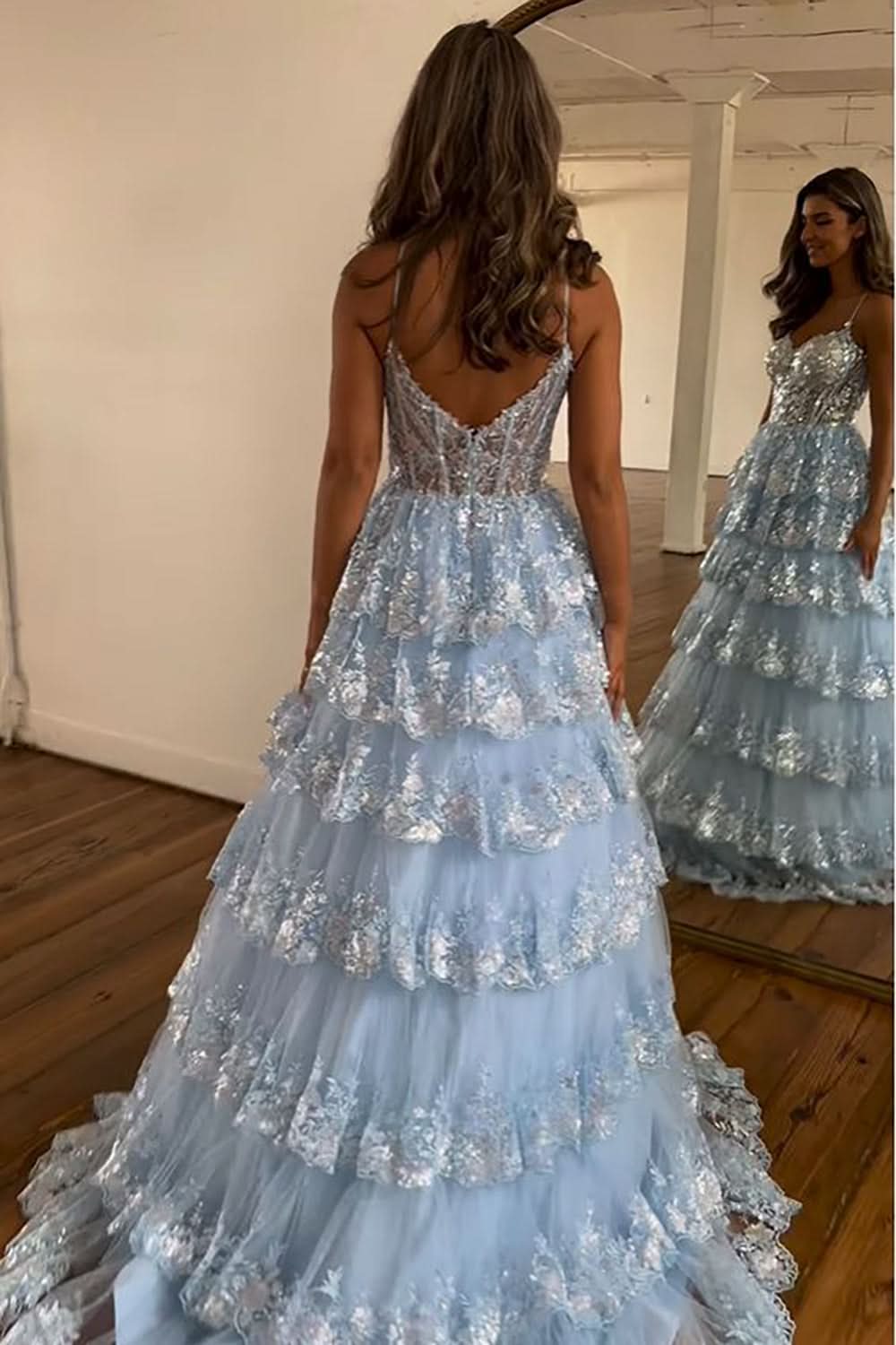 Lovely A-Line Spaghetti Straps Tiered Lace Prom Dress BM bride