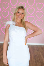Sparkly Blue Sequined One Shoulder Tight Short Homecoming Dress with Feathers