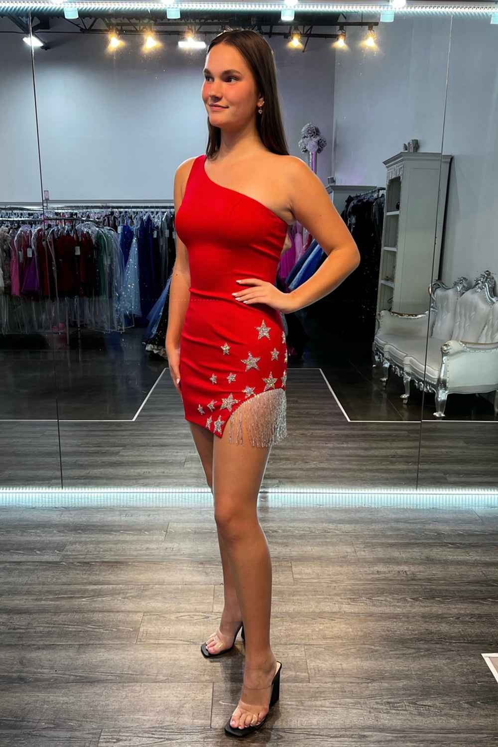 Sparkly Black One Shoulder Stars Tight Short Homecoming Dress with Fringes Bmbride
