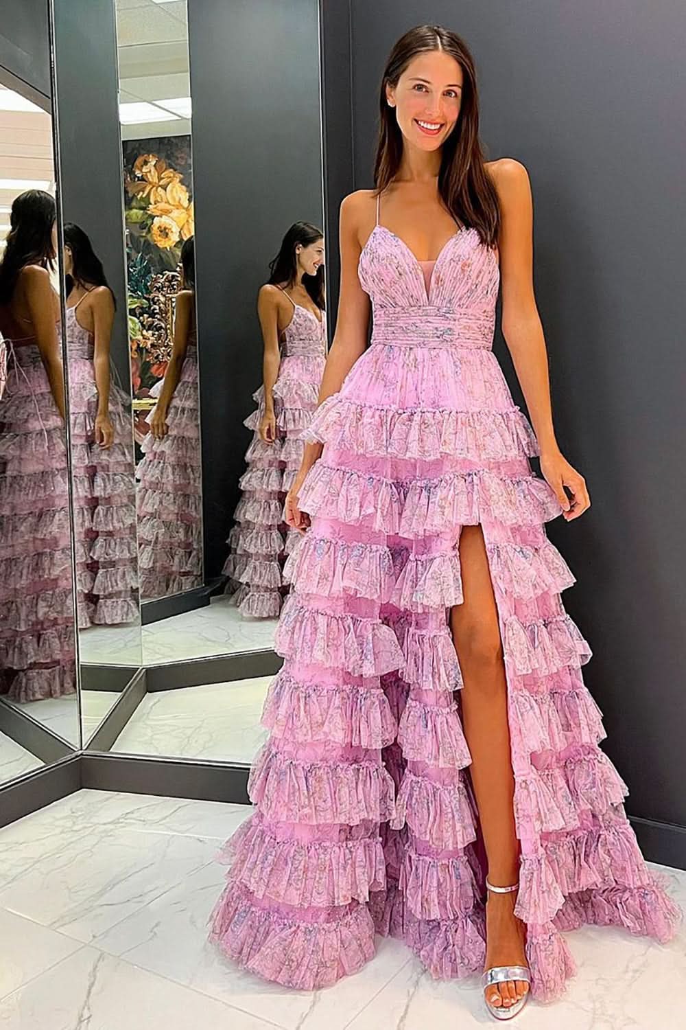 Lovely A Line Spaghetti Straps Printed Tulle Prom Dress with Ruffles BM bride