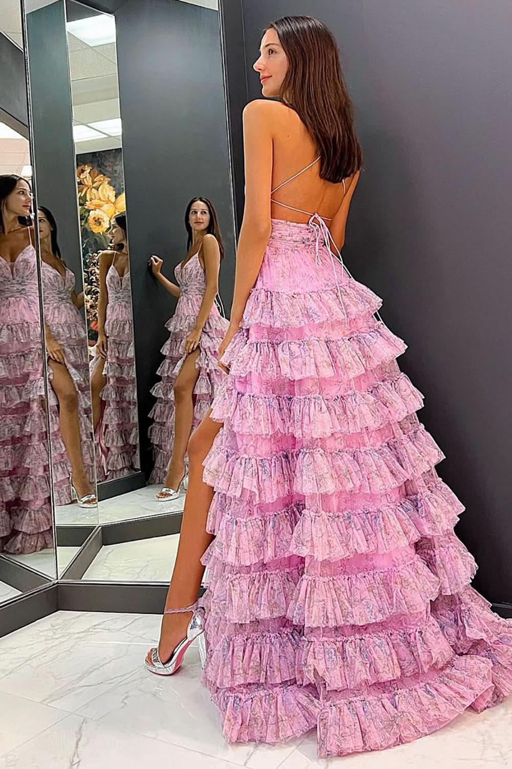 Lovely A Line Spaghetti Straps Printed Tulle Prom Dress with Ruffles BM bride