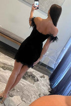 Sparkly Black Off The Shoulder Corset Tight Short Homecoming Dress with Feathers