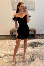 Sparkly Black Off The Shoulder Corset Tight Short Homecoming Dress with Feathers