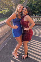 Glitter Black Corset Satin Asymmetrical Tight Short Homecoming Dress with Sequins Bmbride