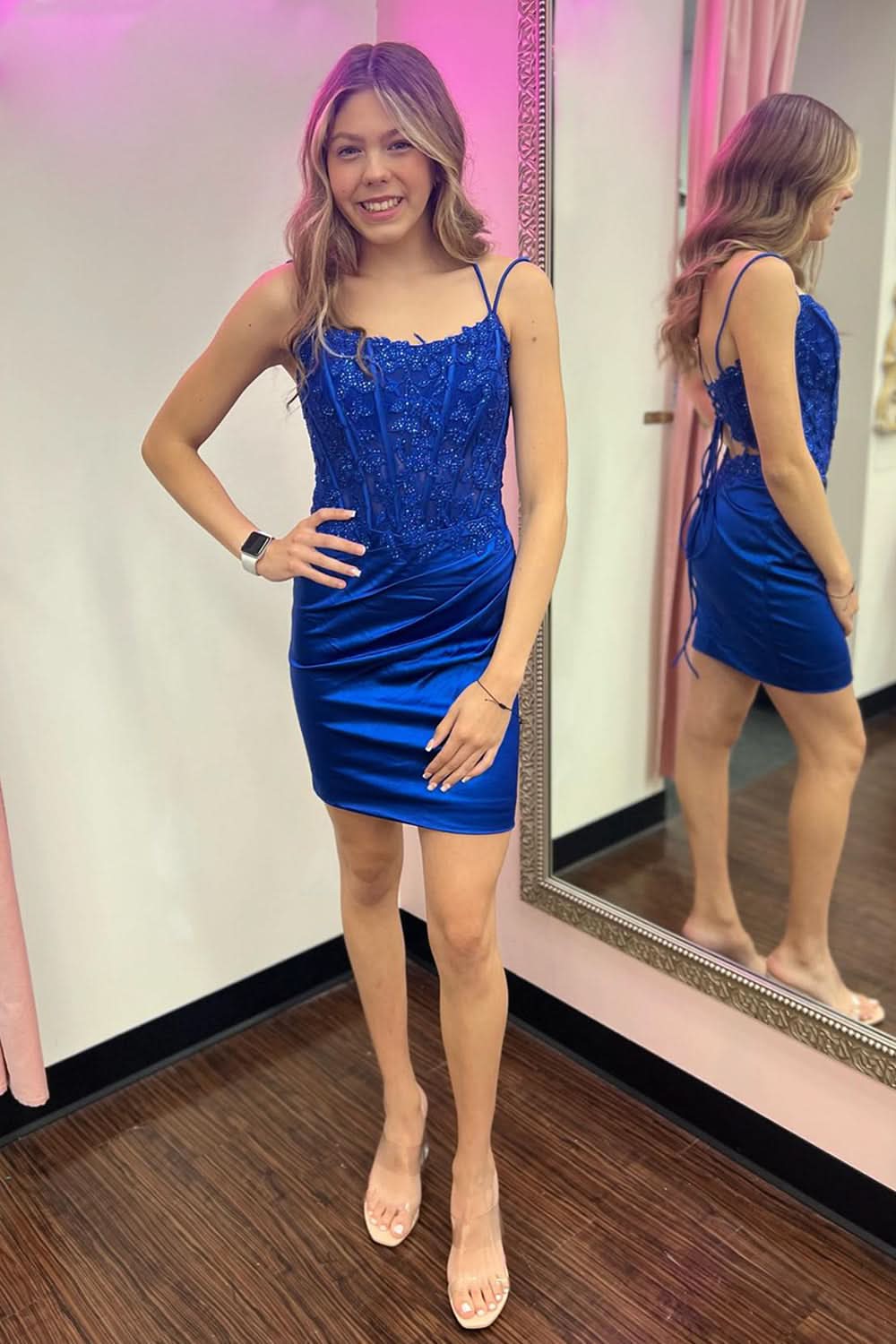 Melinda |Sheath Spaghetti Straps Corset Homecoming Dress with Appliques BM bride