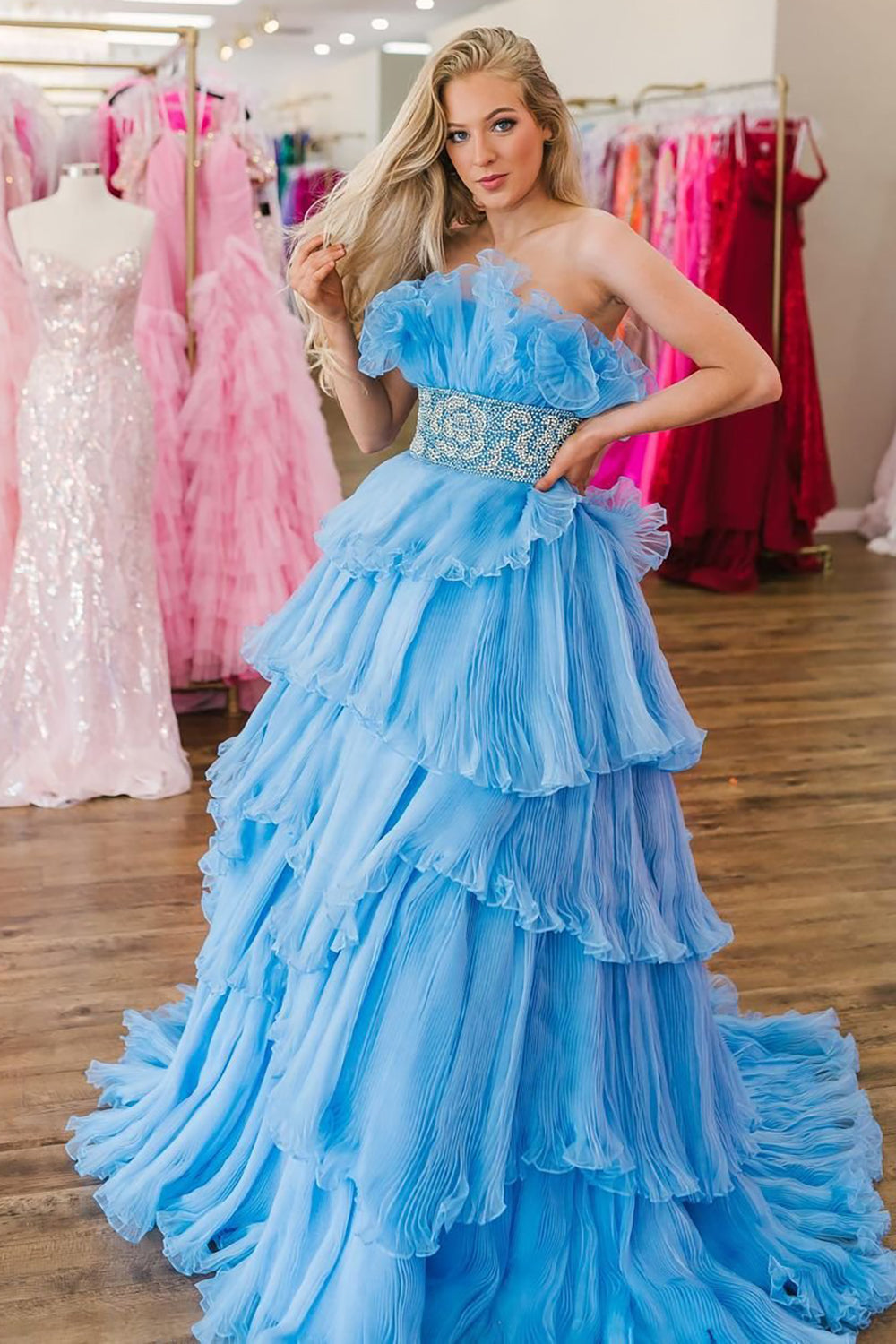 Elegant A-Line Strapless Long Prom Dress with Ruffles BM bride