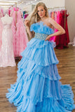 Elegant A-Line Strapless Long Prom Dress with Ruffles BM bride
