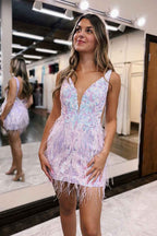 Sparkly Blue Sequined Tight Short Homecoming Dress with Feathers Bmbride