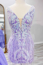 Glitter Blue Sequined Tight Short Homecoming Dress with Feathers