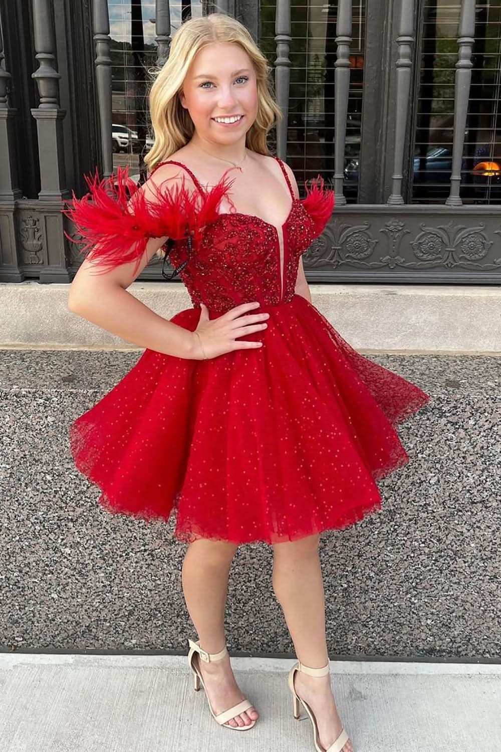 Elegant A-Line Sparkling Tulle Corset Homecoming Dress with Feathers BM bride