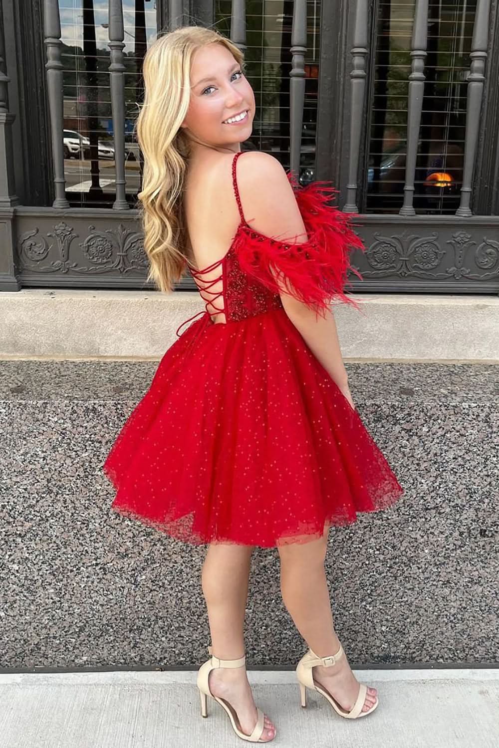 Elegant A-Line Sparkling Tulle Corset Homecoming Dress with Feathers BM bride