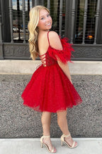 Stylish A Line Sparkling Tulle Corset Homecoming Dress with Feathers BM bride