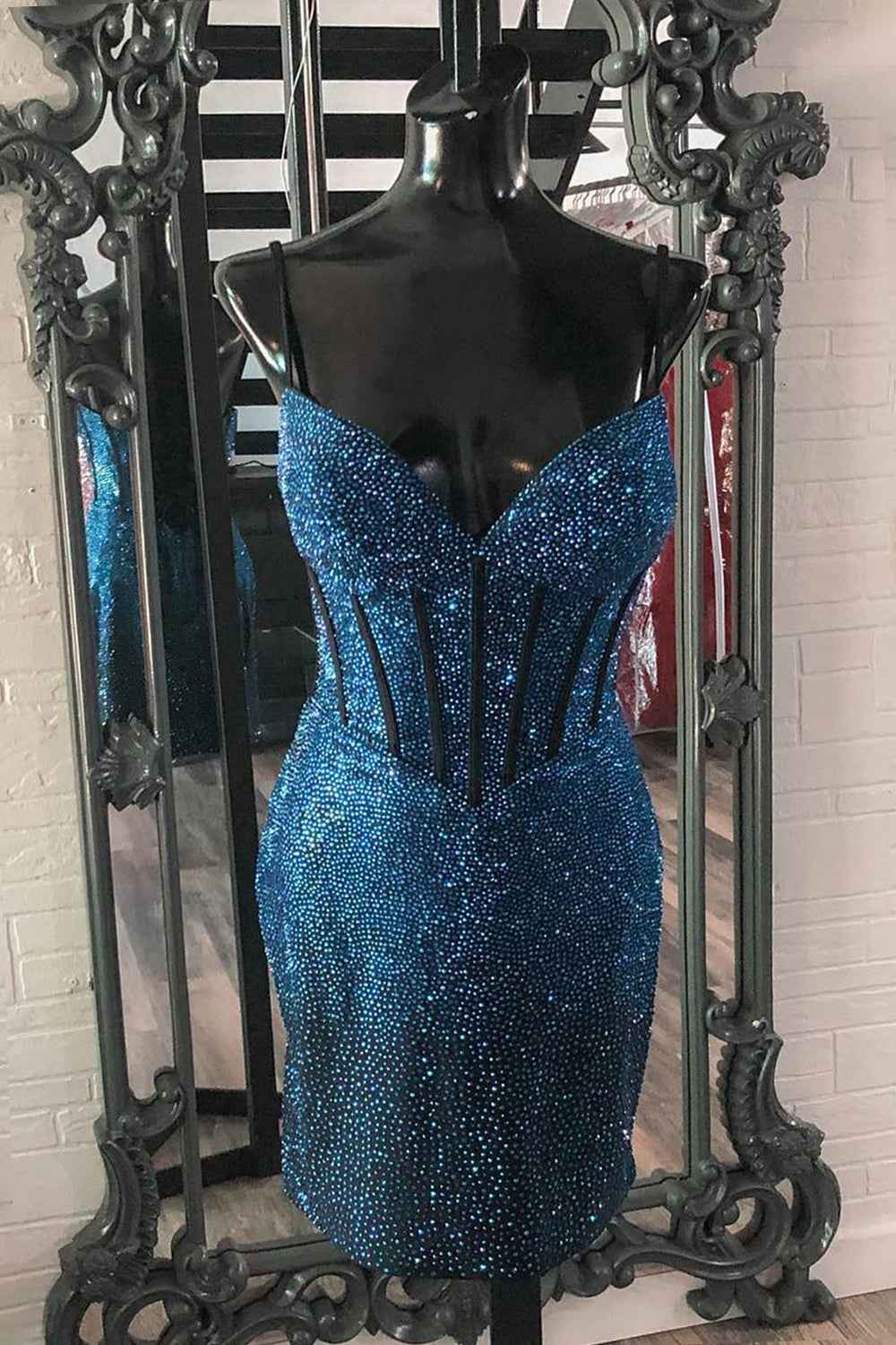 Sparkly Navy Beaded Corset Lace-Up Back Tight Short Homecoming Dress Bmbride