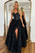 Enchanting A-Line Sweetheart Tiered Tulle Prom Dress with Slit BM bride