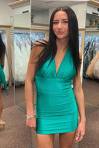 Simple Black Halter Backless Tight Short Satin Homecoming Dress Bmbride