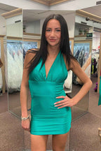 Simple Black Halter Backless Tight Short Satin Homecoming Dress Bmbride