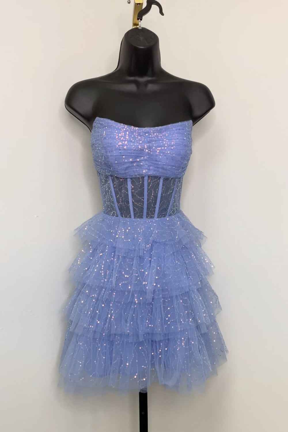 Sparkly A-Line Pink Corset Tiered Tulle Short Homecoming Dress