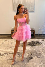 Glitter Black Corset Tiered A-Line Tulle Short Homecoming Dress
