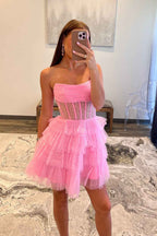 Glitter Black Corset Tiered A-Line Tulle Short Homecoming Dress