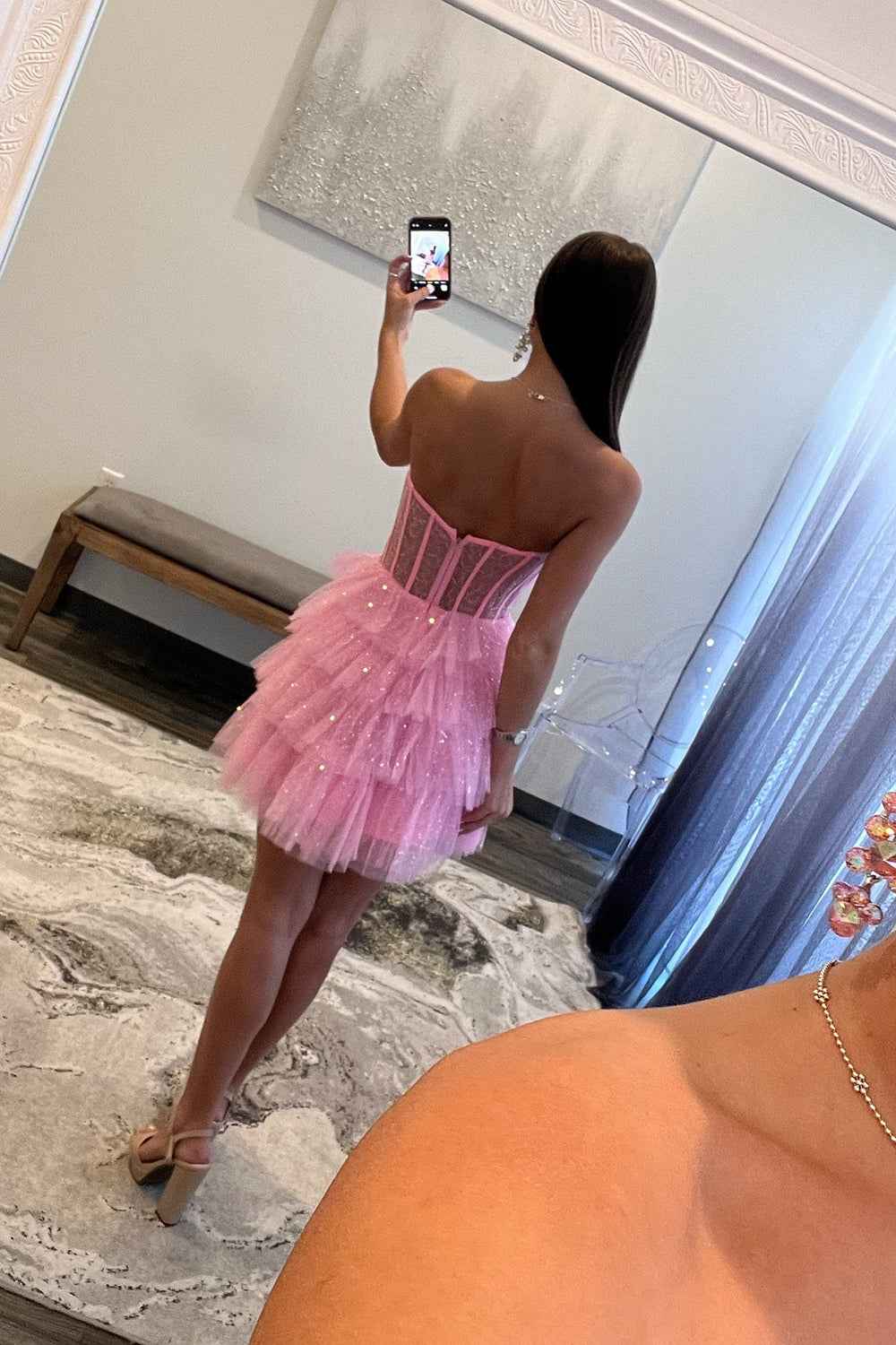 Sparkly Black Corset Tiered A-Line Tulle Short Homecoming Dress Bmbride