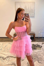 Sparkly Black Corset Tiered A-Line Tulle Short Homecoming Dress Bmbride